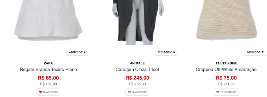 Imagem do site da TROC: 3 peças de roupa estão alinhadas, mostrando preço e botão de "Wishlist".