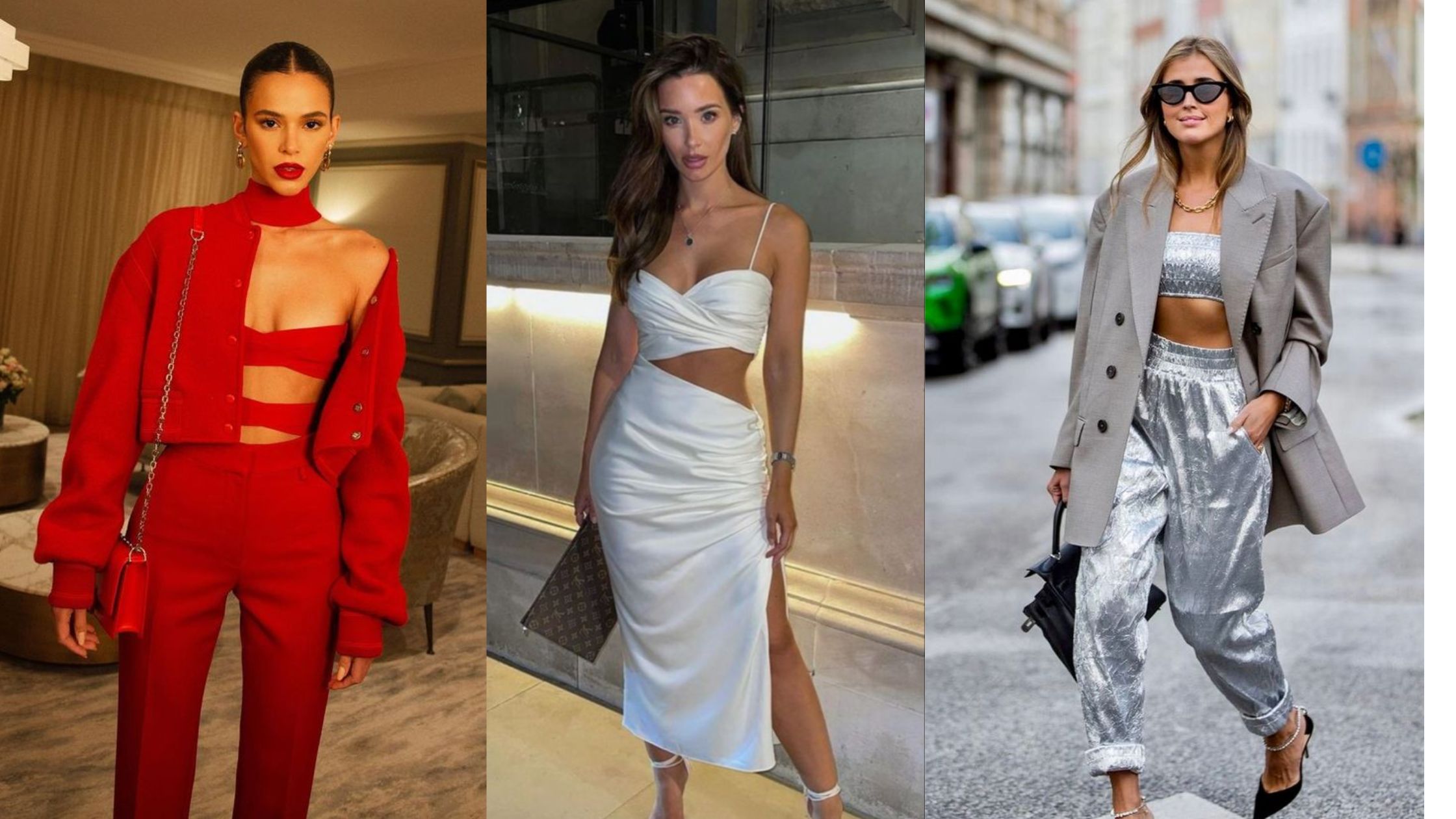 Três looks de festa em destaque: à esquerda, um conjunto vermelho vibrante com blazer cropped e calça de alfaiataria, usado com top recortado; ao centro, um vestido branco com recortes assimétricos, de tecido acetinado; à direita, um conjunto prateado metálico com top cropped, calça ampla e blazer cinza oversized, combinado com óculos escuros e salto.